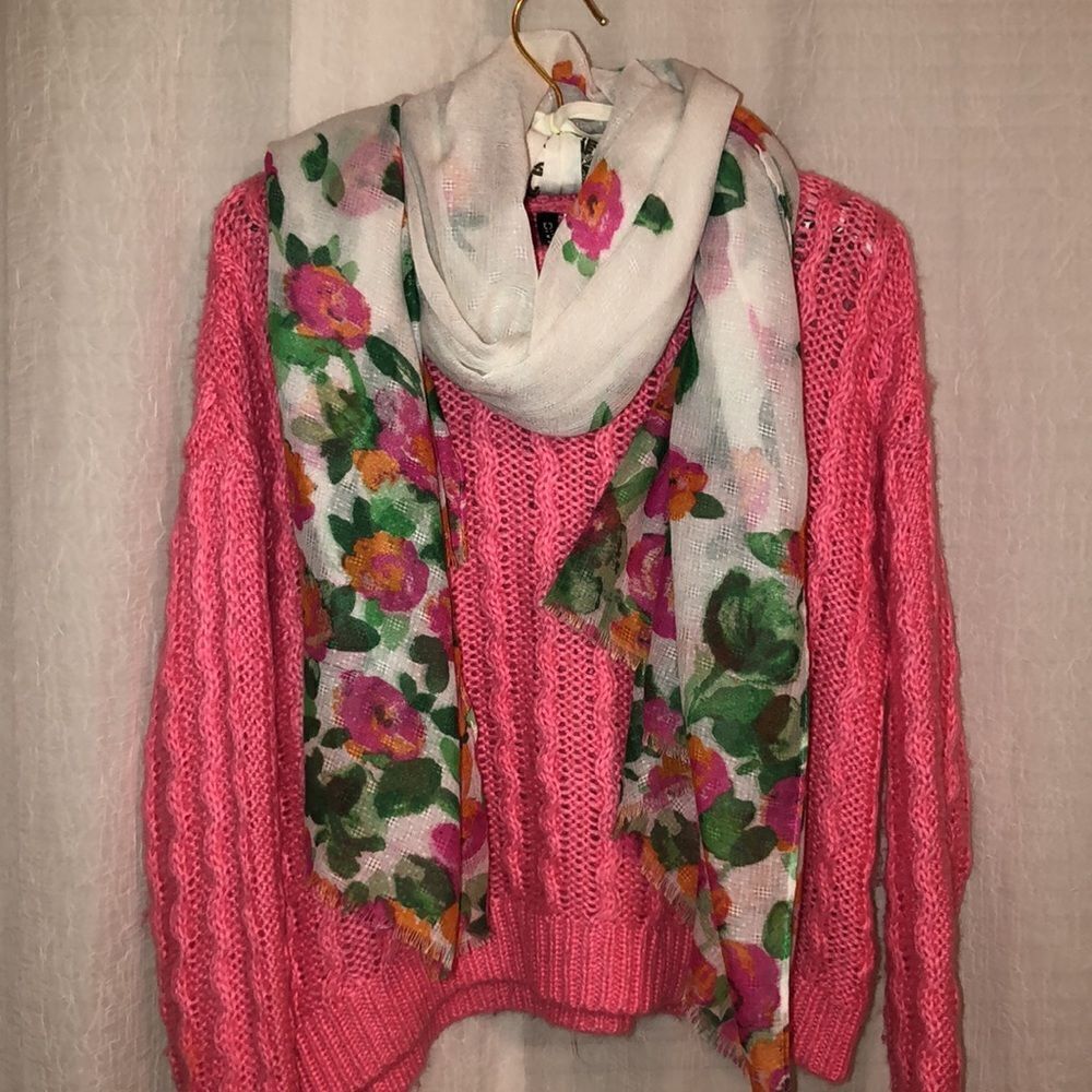 Charming Charlie White Orange Fuchsia Green Textured Floral Scarf Wrap